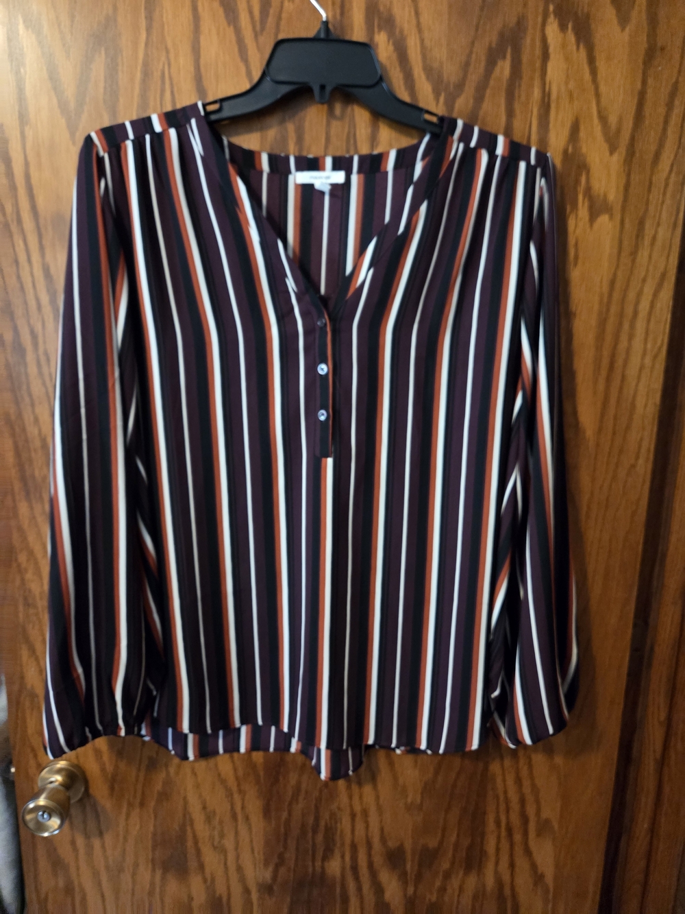 Maurices Striped V-Neck Blouse in Burgundy, Black & White